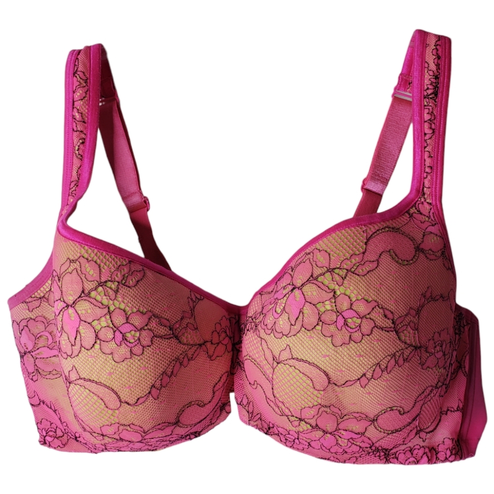 Casique 44D Bra Neon Barbie Pink Underwire Push-Up Lace Padded Molded Cups